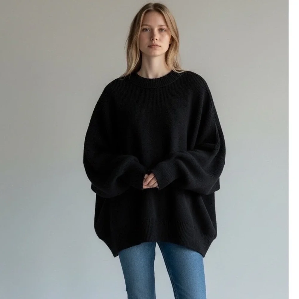 Free People Easy Street Tunic Sweater Black Oversized Ribbed Knit OB991232 S